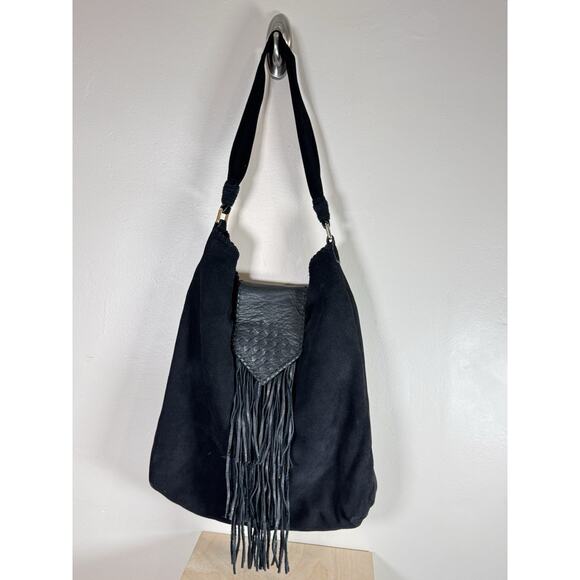 Margot Leather Hobo Tote Bag Purse Black Suede Fringe Festival Bohemian Western - Picture 10 of 10